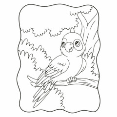 cartoon illustration The parrot is perched on a tall and big tree trunk in the middle of the forest and looking back book or page for kids black and white