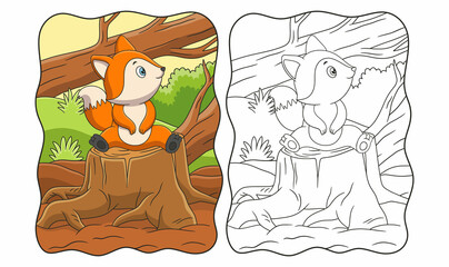 cartoon illustration a fox sitting and relaxing enjoying the weather during the day on the trunk of a big tree that was cut down book or page for kids