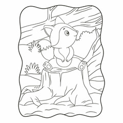cartoon illustration a fox sitting and relaxing enjoying the weather during the day on the trunk of a big tree that was cut down book or page for kids black and white