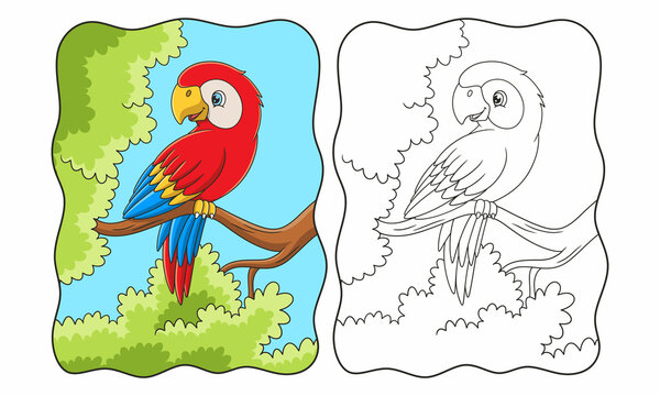 cartoon illustration the parrot is perched gracefully on a tall tree trunk with its beautiful wings book or page for kids