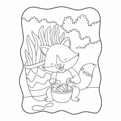cartoon illustration a fox holding a container of colorful eggs behind a bush in the forest book or page for kids black and white