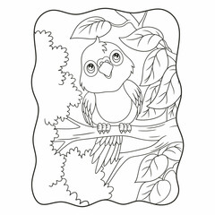 cartoon illustration the parrot is perching on a big and tall tree trunk and looking up at the clouds book or page for kids black and white