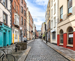 View of empty Eustace Street in the city center of Dublin, Ireland with no people - 516244846