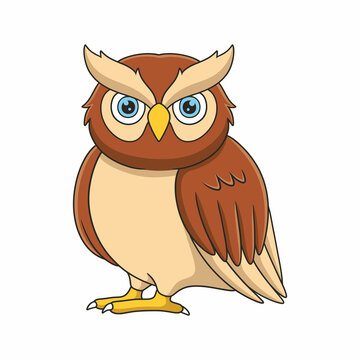 cartoon illustration owl is perching on a big tree trunk during the day