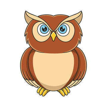 cartoon illustration owl standing in front of his house on a big tree trunk at night