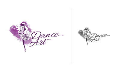 Beautiful Ballerina Illustration and Logo template with Purple Water Color as a background.