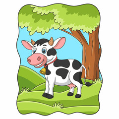 cartoon illustration a cow walking for food in the middle of the forest under a big tree