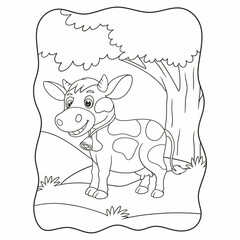 cartoon illustration a cow walking for food in the middle of the forest under a big tree book or page for kids black and white