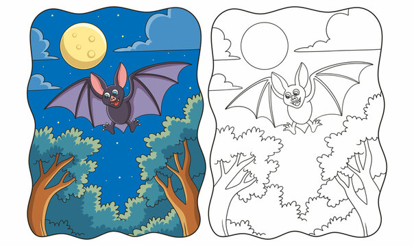 cartoon illustration a view from under the bats flying at night in the forest with the moon shining brightly book or page for kids