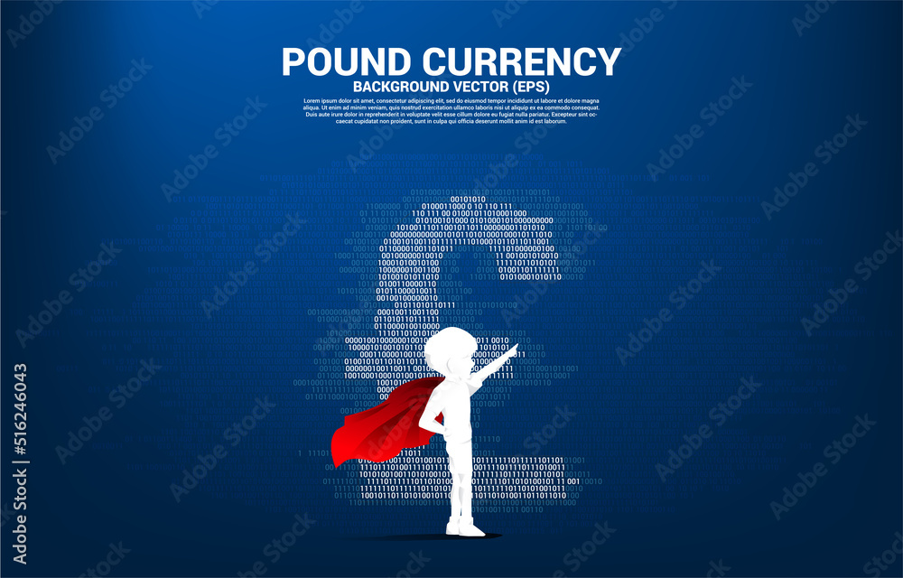 Poster Silhouette of boy in superhero suit standing with pound sterling currency money with one and zero binary code digit matrix style. Background Concept for electronic money and digital banking