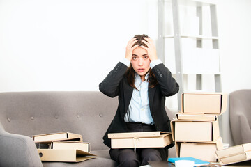 Sadness depressed businesswoman and folders with the documents, frustration secretary girl, stressed employee working overtime with too much work, office problem at workspace.