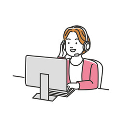 インカムでお客様の対応をするコールセンターのオペレーターの女性のイメージイラスト素材