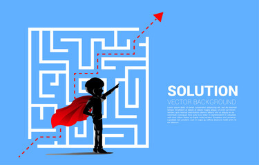 Silhouette of boy in superhero with arrow though out the maze. Concept of education solution and future of children.