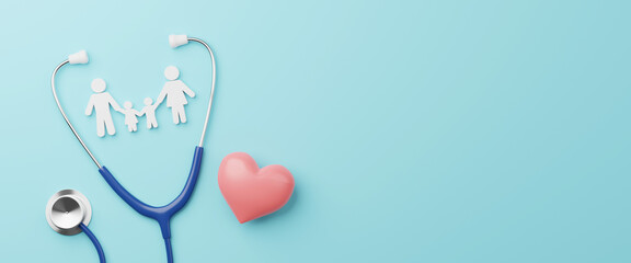 Top view of medical stethoscope and icon family with heart symbol on cyan background. Health care insurance concept. 3d rendering