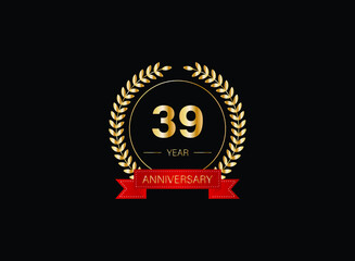Fototapeta premium 39th anniversary celebration with gold glitter color and white background. Vector design for celebrations, invitation cards and greeting cards. eps 10.