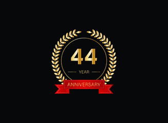 44th anniversary celebration with gold glitter color and white background. Vector design for celebrations, invitation cards and greeting cards. eps 10.