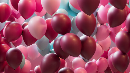 Colorful Celebration Balloons in Maroon, Pink and Duck Egg Blue. Fun Wallpaper.