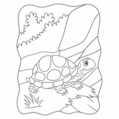 cartoon illustration a turtle walking in the middle of a meadow on a cliff beside a river book or page for kids black and white