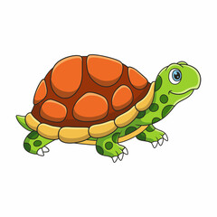 cartoon illustration a turtle walking in the middle of a meadow on a cliff beside a river
