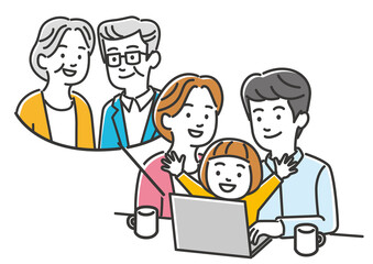 祖父母とオンラインで連絡をとる家族、リモート帰省