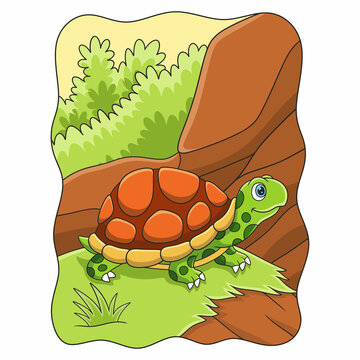 cartoon illustration a turtle walking in the middle of a meadow on a cliff beside a river