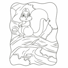 cartoon illustration a squirrel sitting on a fallen tree trunk above a river with a beautiful view book or page for kids black and white