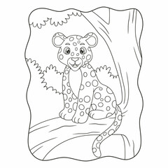cartoon illustration the leopard is sitting proudly on a big and tall tree trunk to watch its prey from above book or page for kids black and white