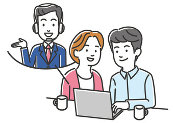 自宅でオンライン相談を受ける夫婦のイメージイラスト素材