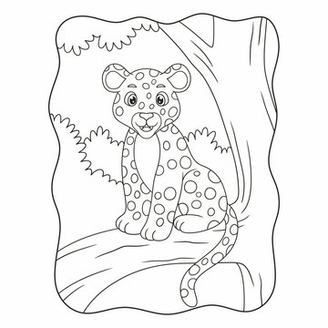 cartoon illustration the leopard is sitting proudly on a big and tall tree trunk to watch its prey from above book or page for kids black and white