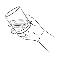 Male hand in realistic gesture holding glass of whiskey, close-up. Drink portion of aged alcohol. Glass with strong drink. Cheers toast. Alcohol drink for luxury celebration. Sketch, linear drawing