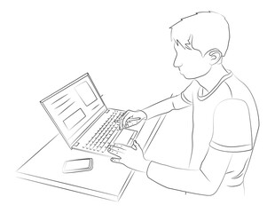 Teenager or student on distance learning listens to lecture on laptop. Freelancer is present at video selector. Self-employed man works at home. Concept of electronic digital technologies. Sketch