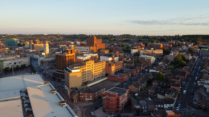 Gorgeous Aerial footage of City Centre of Luton Town of England at Sunset over Railway Station and...