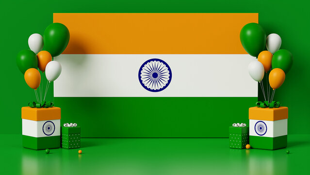 3d rendering, independence day of india or republic day, big size flag symbol in the middle and gift box, copy space for design
