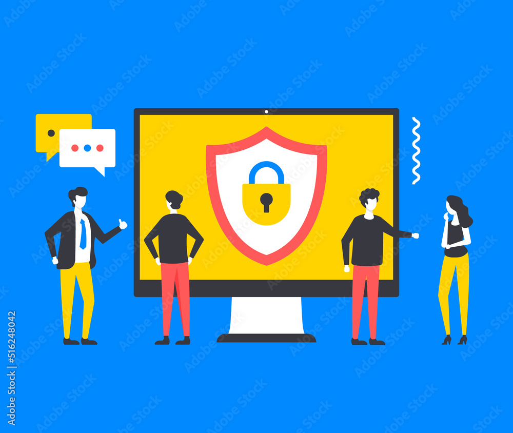 Poster cybersecurity. people and computer with shield and lock. computer security concepts. modern graphic 