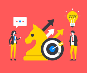 Business strategy. People and chess knight, target with arrow. Strategic thinking, business goal concepts. Modern graphic elements set. Vector illustration