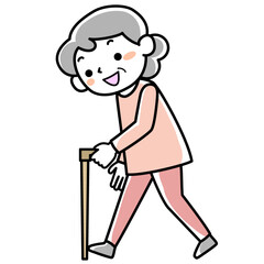 杖をついて歩く笑顔のシニア女性