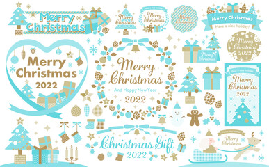 クリスマスのデザインフレームとイラストのセット_スノーゴールド