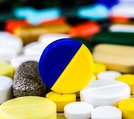 Drug prescription for treatment medication. Pharmaceutical medicament, cure in container for health. Pharmacy theme, capsule pills with medicine antibiotic in packages. blue yellow medicine Ukraine