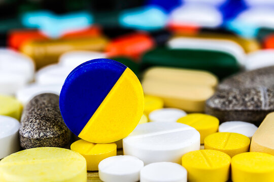 Drug prescription for treatment medication. Pharmaceutical medicament, cure in container for health. Pharmacy theme, capsule pills with medicine antibiotic in packages. blue yellow medicine Ukraine