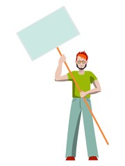 Flat style young caucasian man protesting with blank poster, isolated on white background. 