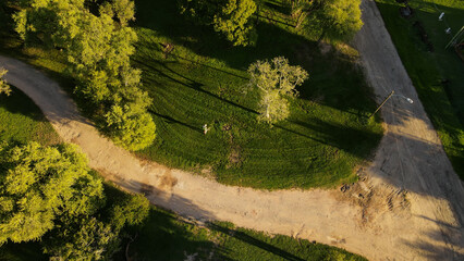 Unrecognizable man cutting grass in park. Aerial top-down view