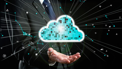 Businessman show hologram of cloud computing network allusive technology. Virtual augmented reality generated by 3D rendering motion graphic and animation to create futuristic HUD .