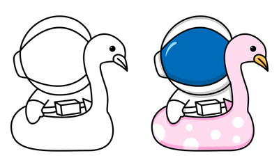 Cute astronaut with duck swimming tires coloring page for kids