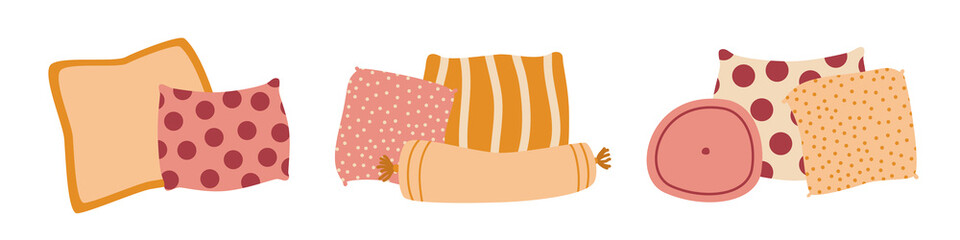 Set of Pillows and Cushions, Cozy Home Interior Textiles. Vector Flat Illustration, Isolated on White, Cartoon.