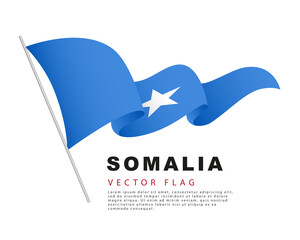 The flag of Somalia hangs on a flagpole and flutters in the wind. Vector illustration on a white background.