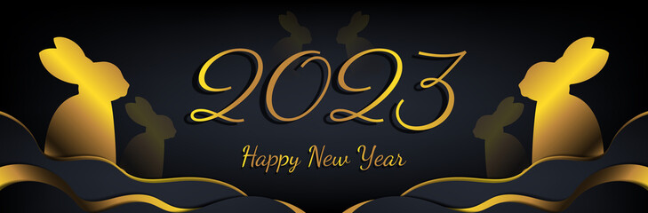 Fototapeta na wymiar 2023 Happy New Year of rabbit black banner design with golden numbers and bunny silhouettes vector illustration