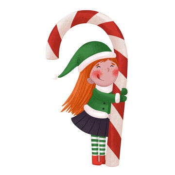 A girl in an elf costume holds a large lollipop cane