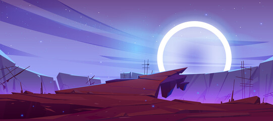 Cosmic background, alien planet deserted landscape with deep cleft in mountains, rocks, stars and huge glowing halo shining in space. Extraterrestrial game fantasy scene, Cartoon vector illustration © klyaksun
