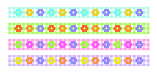 A set of deco border line illustrations in a combination of colorful check patterns and flower shapes.