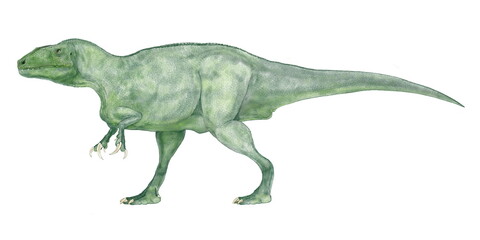 マイプ　マクロソラックス(悪霊　大きな胴体）の口を閉じたタイプの画像
2020年3月南米アルゼンチンの白亜紀後期の地層から部分骨格が発見された肉食恐竜のオリジナル復元画像。推定全長は9から10メートル体幅は2メートルと広く、南米での当時の食物連鎖の頂点にいた肉食恐竜であると推定されている。この恐竜の骨格の化石はまだ継続して調査されている。